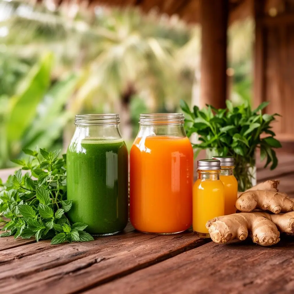 Fresh green detox juices in glass jars with herbs